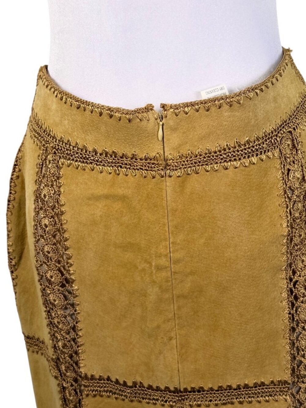 Vintage IDI by Matthew Camel Leather Crochet Trim Midi Pencil Skirt | Size L - Picture 7 of 10